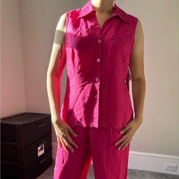 NEW Vintage Y2K Fuchsia linen set button-up embroidered top and capri - Small - Picture 1 of 10